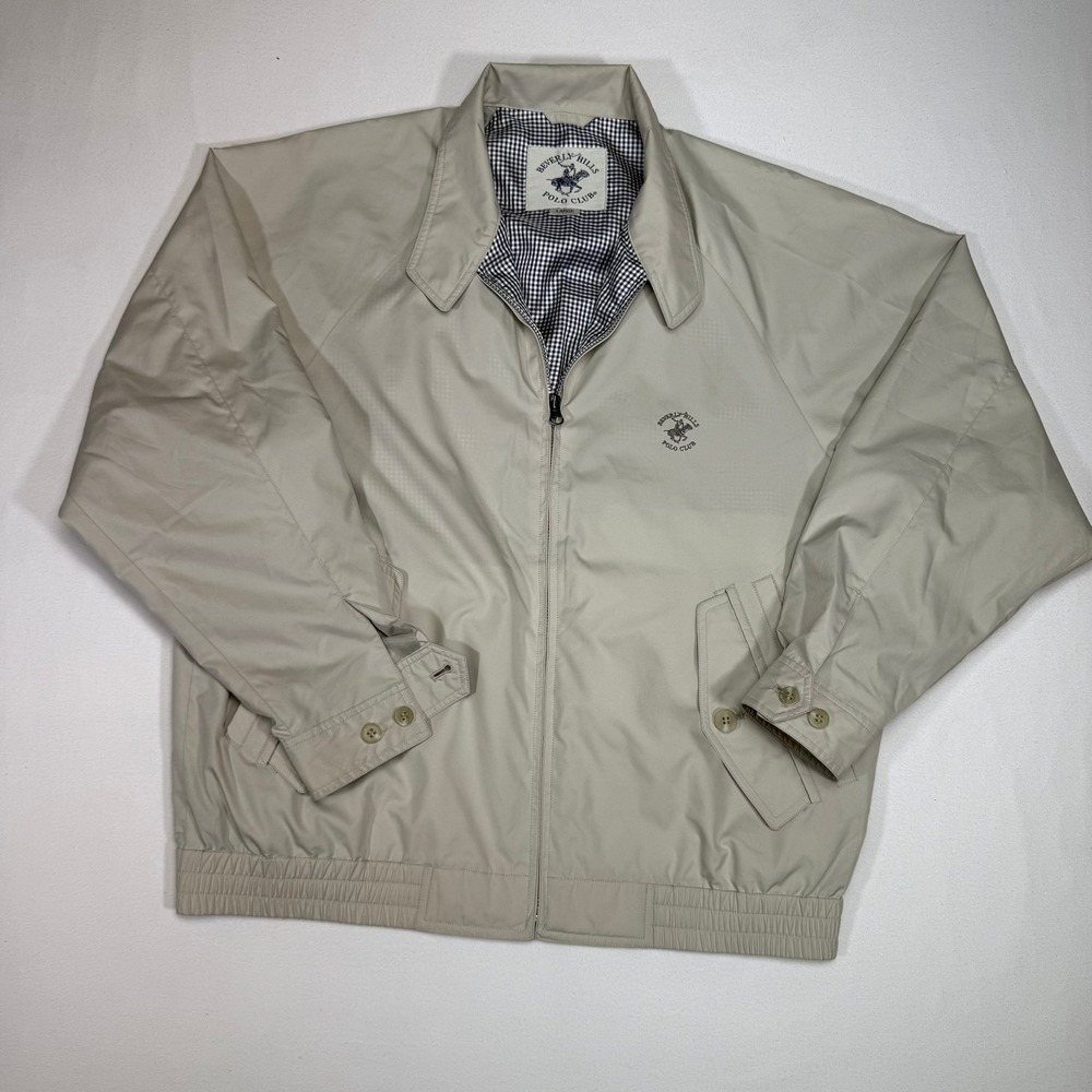 Beverly Hills Polo Club Jacket Mens Large Full Zip Coat Khaki Gingham Lined